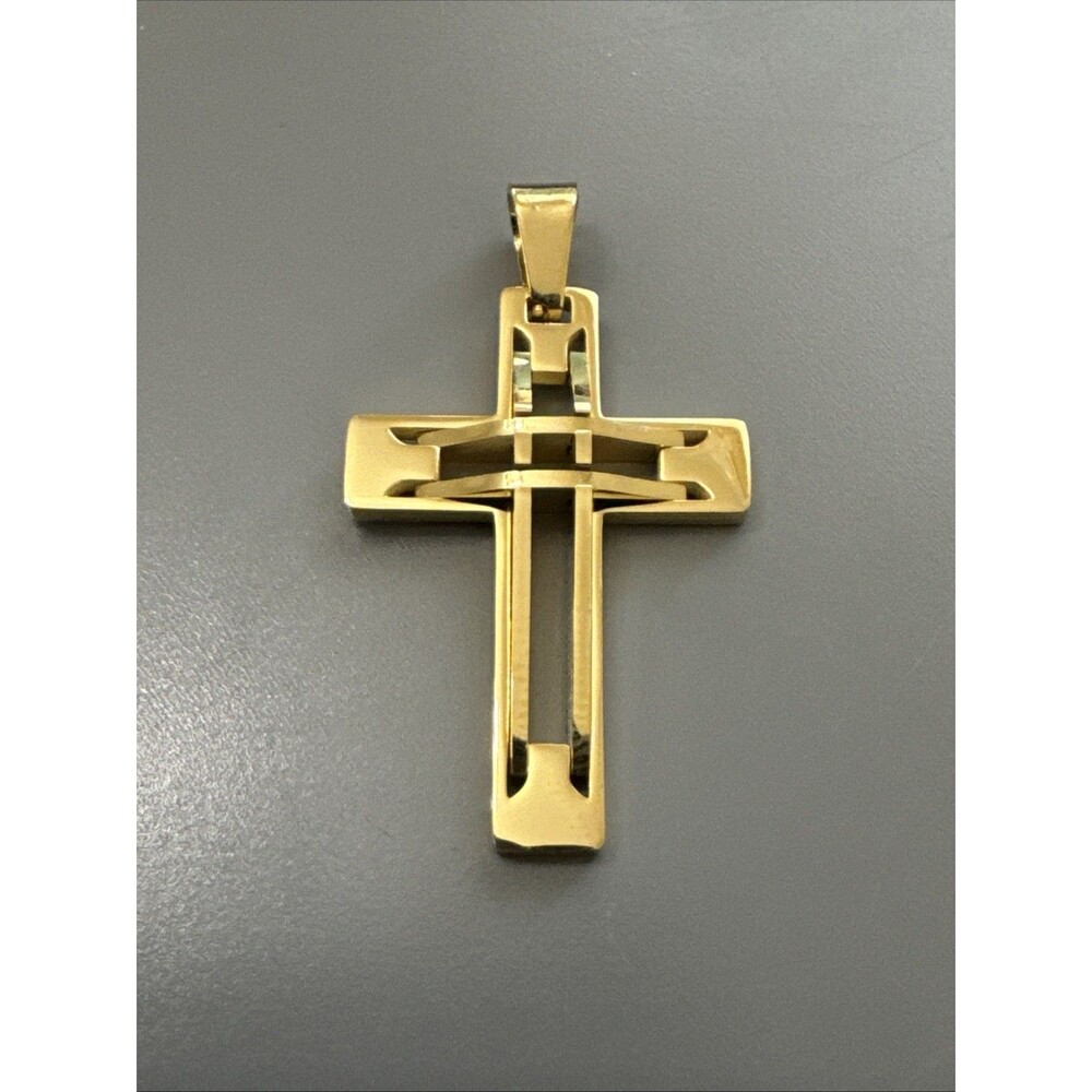 3D Cross Pendant Gold Tone Stainless Steel 24 Inch Box Chain Jesus Christ Gift